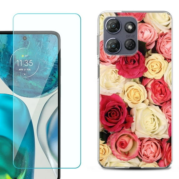 For Motorola Moto G 5G 2025 Phone Case Cover with Tempered Glass Screen Protector, by OneToughShield - Rose Bouquet