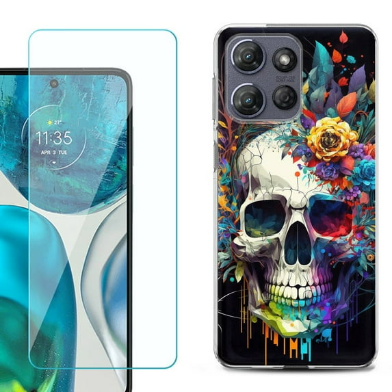 For Motorola Moto G 5G 2025 Phone Case Cover with Tempered Glass Screen Protector, by OneToughShield - Skull Flower