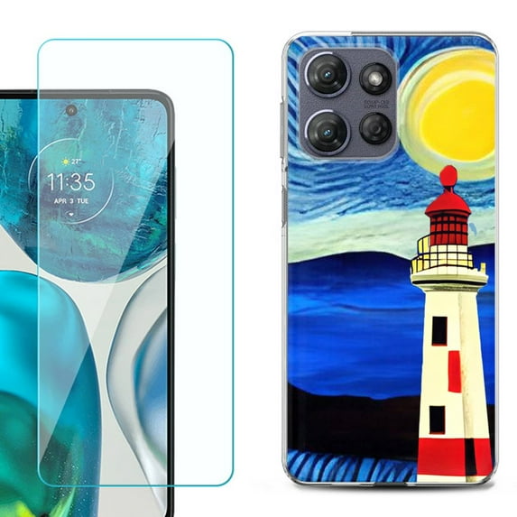For Motorola Moto G 5G 2025 Phone Case Cover with Tempered Glass Screen Protector, by OneToughShield - Starry Night Lighthouse