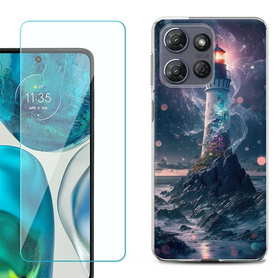For Motorola Moto G 5G 2025 Phone Case Cover with Tempered Glass Screen Protector, by OneToughShield - Surreal Lighthouse