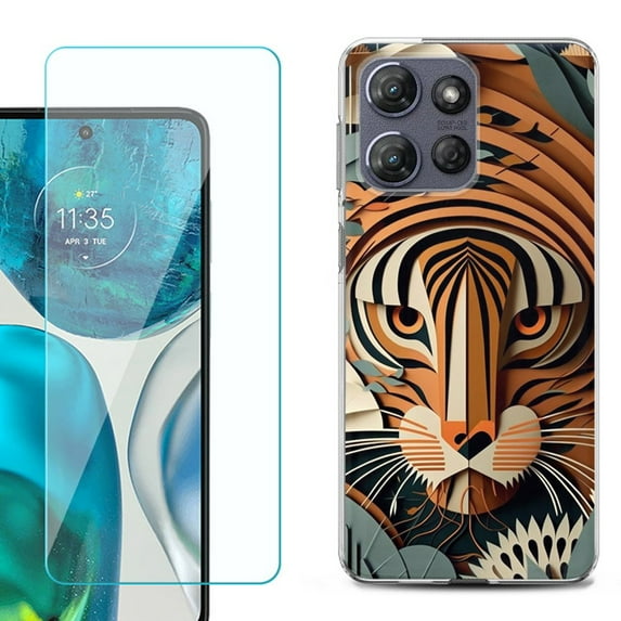 For Motorola Moto G 5G 2025 Phone Case Cover with Tempered Glass Screen Protector, by OneToughShield - Tiger Art