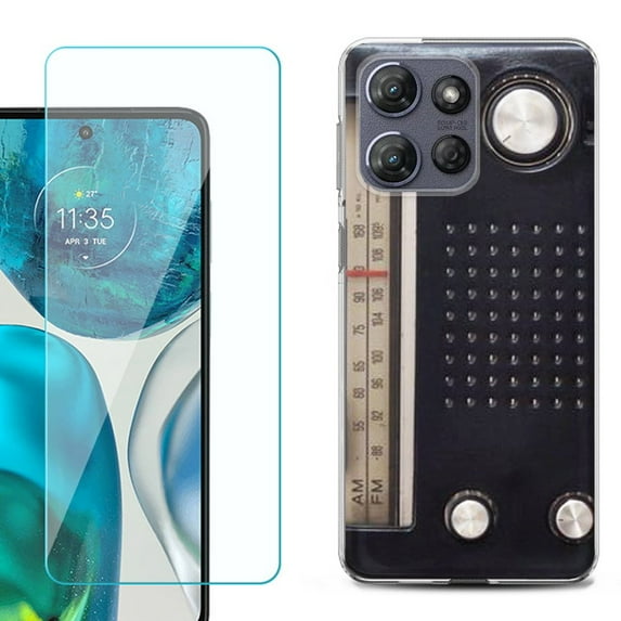 For Motorola Moto G 5G 2025 Phone Case Cover with Tempered Glass Screen Protector, by OneToughShield - Vintage Radio