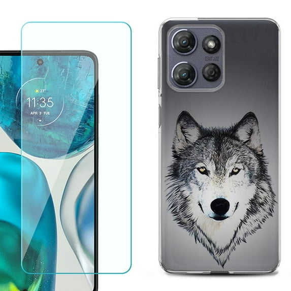 For Motorola Moto G 5G 2025 Phone Case Cover with Tempered Glass Screen Protector, by OneToughShield - Wolf Face