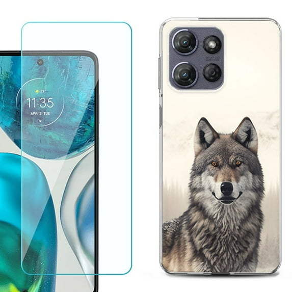 For Motorola Moto G 5G 2025 Phone Case Cover with Tempered Glass Screen Protector, by OneToughShield - Wolf Snow