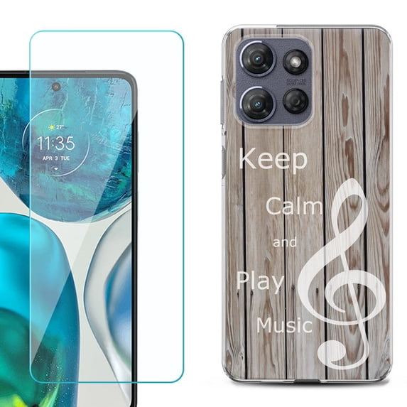 For Motorola Moto G 5G 2025 Phone Case Cover with Tempered Glass Screen Protector, by OneToughShield - Wood/Music