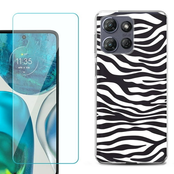 For Motorola Moto G 5G 2025 Phone Case Cover with Tempered Glass Screen Protector, by OneToughShield - Zebra B/W