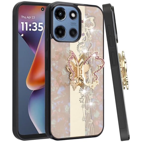 For Motorola Moto G 5G 2025 SPLENDID Diamond Glitter Ornaments Engraving Case Cover - Enchanted Butterfly Gold