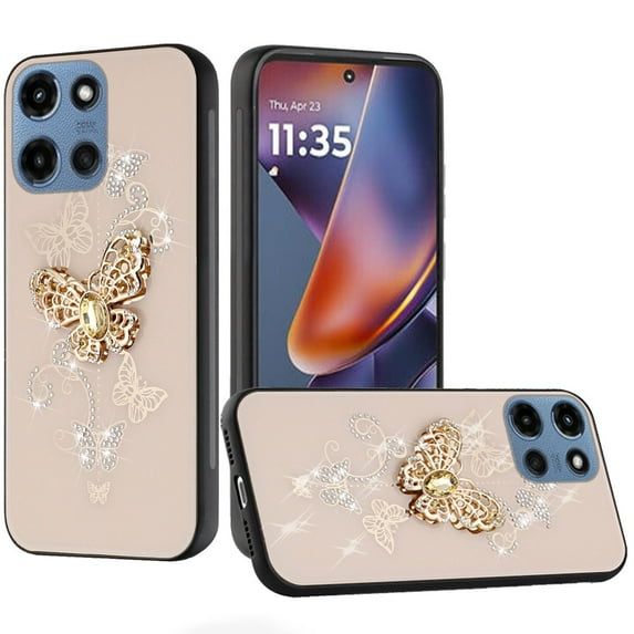 For Motorola Moto G 5G 2025 SPLENDID Diamond Glitter Ornaments Engraving Case Cover - Garden Butterflies Gold