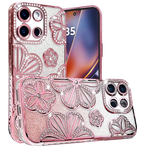 For Motorola Moto G 5G 2025 Shimmer Glitter Floral Design Thick TPU Case Cover - Rose Gold