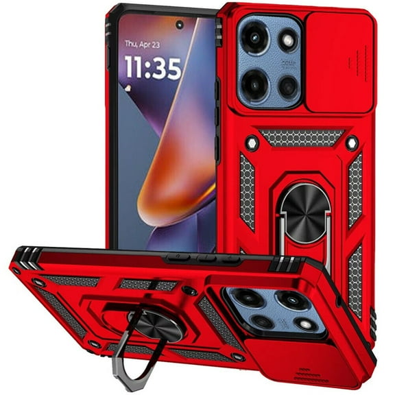 For Motorola Moto G 5G 2025 XT2513V Camera Push Magnetic Ring Hybrid Kickstand Cover Cell Phone Case - Red