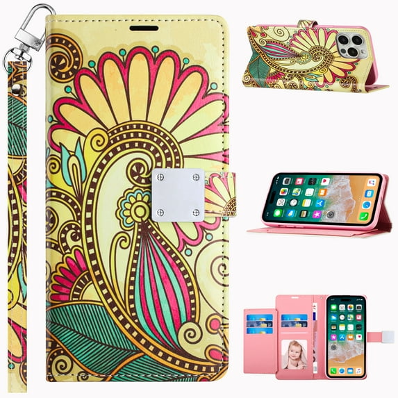 For Motorola Moto G Go XT2163-7 Wallet ID Flip Pouch Cover Phone Case + Tempered Glass - Antique Flower