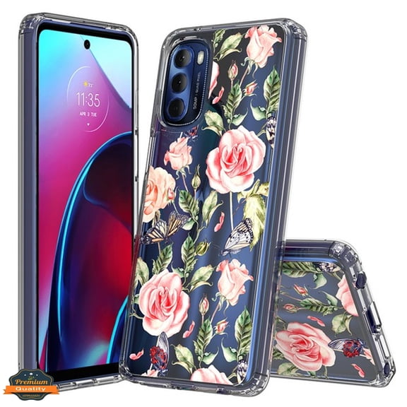 For Motorola Moto G Play 2023 Floral Patterns Design Transparent Silicone Shock Absorption Bumper Hard PC Back Phone Case Cover by Xpression - Flowers & Butterfly