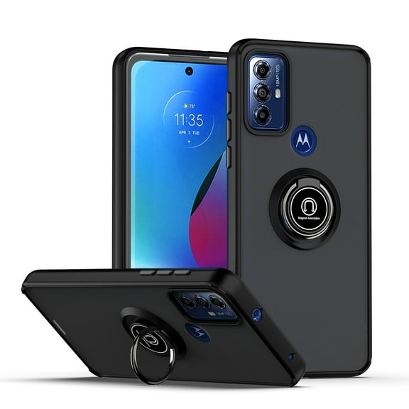For Motorola Moto G Play 2023 Hybrid Frosted Matte Hard Back PC + TPU Frame with Magnetic Ring Holder Stand Kickstand Cover ,Xpm Phone Case [ Black ]