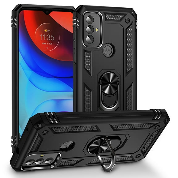 For Motorola Moto G Play 2023 Military Grade Heavy Duty Armor Hybrid with Rotating Metal Ring Kickstand Finger Loop Stand Cover ,Xpm Phone Case [ Black ]