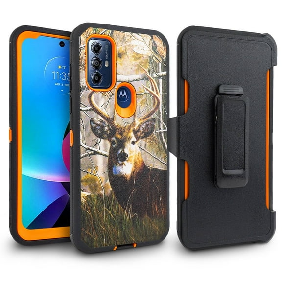 For Motorola Moto G Play 2023 / Moto G Pure / Moto G Power 2022 Heavy Duty Dropproof Phone Case Holster Belt Clip w/ Built in Screen - Orange Deer