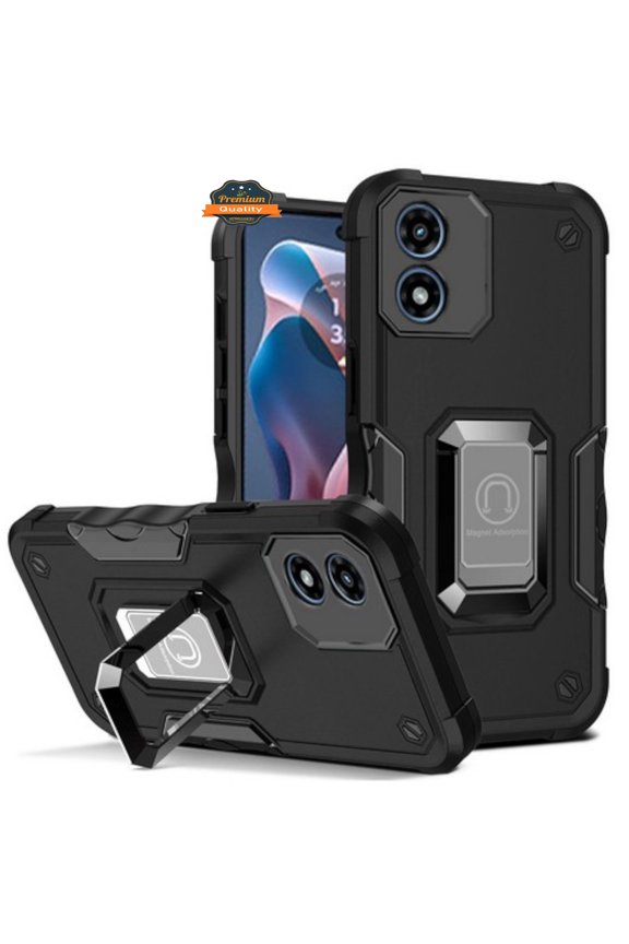 For Motorola Moto G Play 2024 Hybrid 2 in 1 Hard PC TPU Heavy Duty Rugged Bumper Shockproof with Magnetic Ring Kickstand Phone Case Cover by Xpression - Black