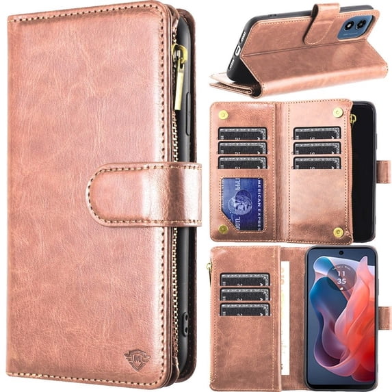 For Motorola Moto G Play 2024 METKASE Luxury Wallet Card ID Zipper Money Holder in Slide-Out Package - Rose Gold