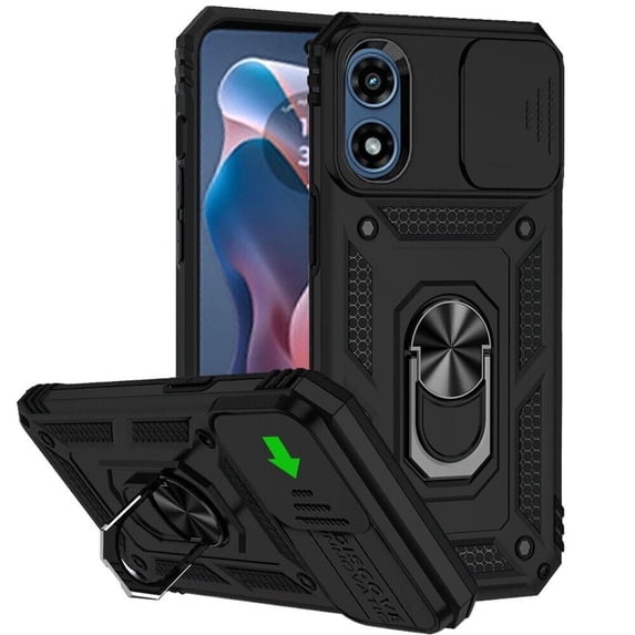 For Motorola Moto G Play 2024 XT2413V Camera Push Magnetic Ring Hybrid Kickstand Cover Cell Phone Case + Tempered Glass - Black