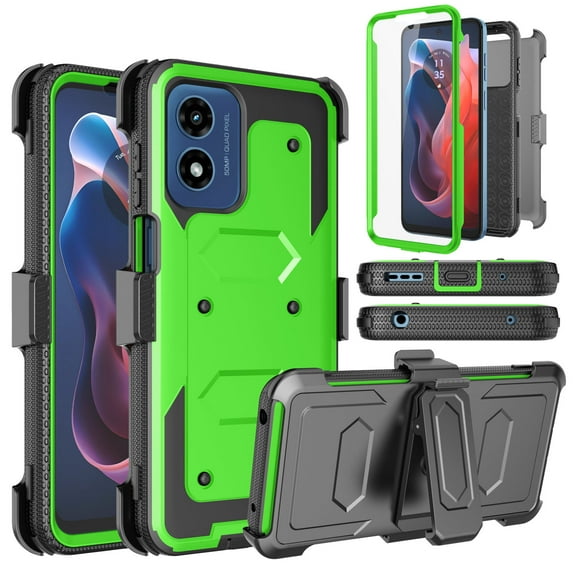 For Motorola Moto G Play 4G 2024 Case, Takfox Heavy Duty Rugged Defender Full Body Protection Phone Case Cover with Swivel Belt Clip Holster & Built in Screen Protector - Green