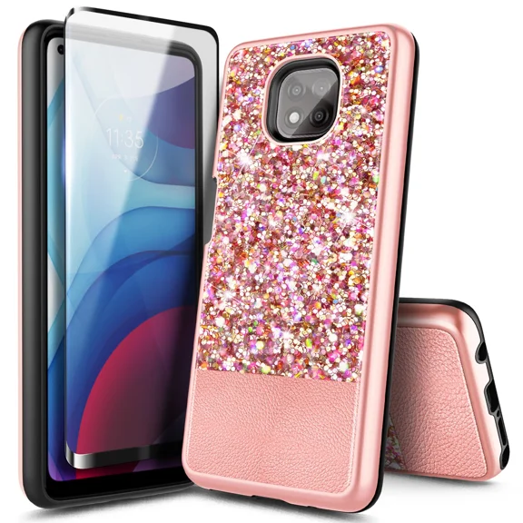 For Motorola Moto G Power (2021) Case Glitter Bling Cover With Tempered Glass