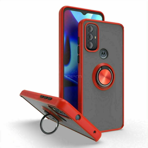 For Motorola Moto G Power 2022 Impact Metal Ring Holder Stand Magnetic Car Mount Protective Hybrid Case Cover Red