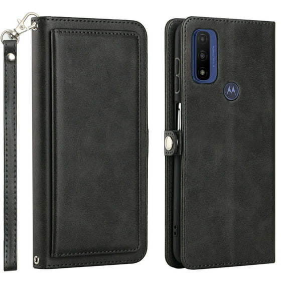 For Motorola Moto G Power 2022 / Moto G Pure Triple Card Slot Flap Folio Stand Leather Wallet Pouch Case Cover Black