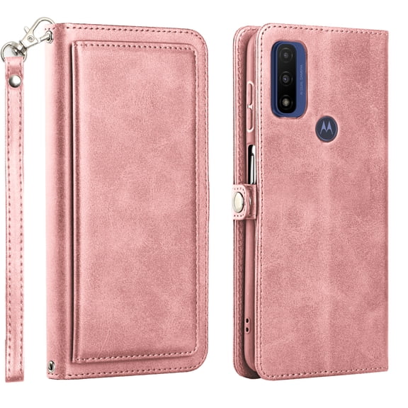 For Motorola Moto G Power 2022 / Moto G Pure Triple Card Slot Flap Folio Stand Leather Wallet Pouch Case Cover Rose Gold
