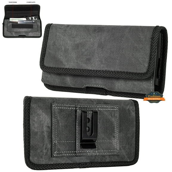 For Motorola Moto G Power 5G (2023) Universal Horizontal Cell Phone Case Fabric Holster Carrying Pouch with Belt Clip and 2 Card Slots fit XLarge Devices - Black Denim
