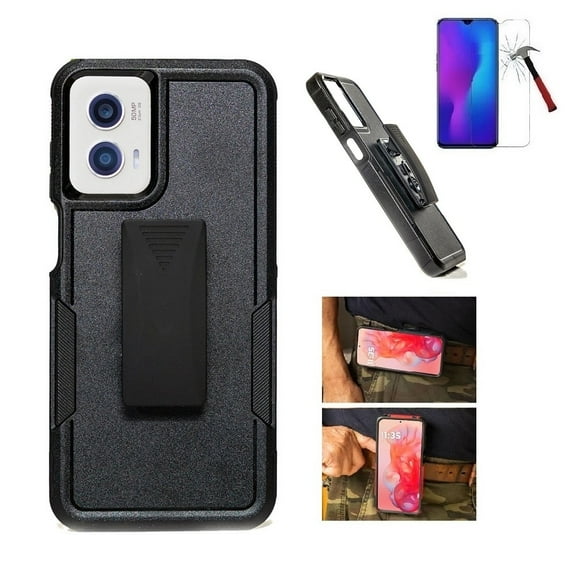 For Motorola Moto G  Power 5G 2024 Case, Dual Layer Shockproof 360-Degree Rotating Belt Clip Case Cover with Kickstand + Tempered Glass (Black)