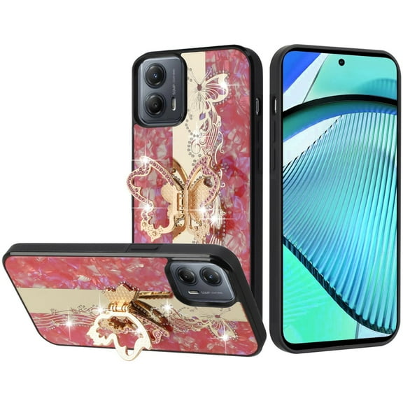 For Motorola Moto G Power 5G 2024 XT2415V Diamond Glitter Ornaments Engraving Cover Cell Phone Case + Tempered Glass Screen Protector - SPLENDID Butterfly Red