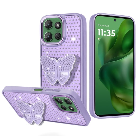 For Motorola Moto G Power 5G 2025 Butterfly Moveable Grip Stand With Small Diamonds Meta Buttons HQ Hybrid - Purple