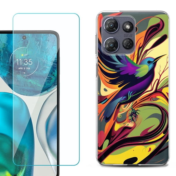 For Motorola Moto G Power 5G 2025 Phone Case Cover with Tempered Glass Screen Protector, by OneToughShield - Abstract Bird
