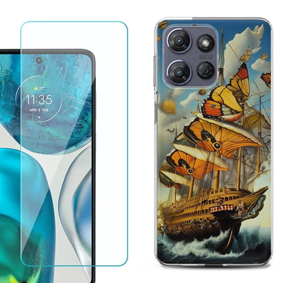 For Motorola Moto G Power 5G 2025 Phone Case Cover with Tempered Glass Screen Protector, by OneToughShield - Butterfly Ship