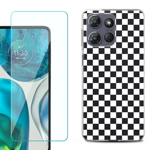 For Motorola Moto G Power 5G 2025 Phone Case Cover with Tempered Glass Screen Protector, by OneToughShield - Checker B/W