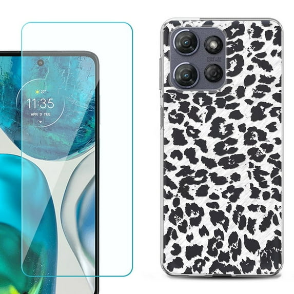 For Motorola Moto G Power 5G 2025 Phone Case Cover with Tempered Glass Screen Protector, by OneToughShield - Cheetah B/W