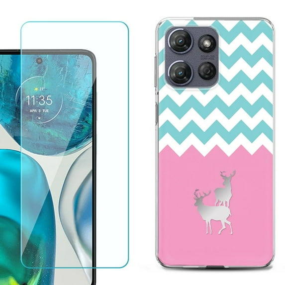 For Motorola Moto G Power 5G 2025 Phone Case Cover with Tempered Glass Screen Protector, by OneToughShield - Chevron/Teal/Deer