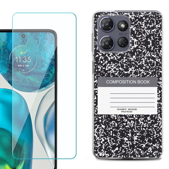 For Motorola Moto G Power 5G 2025 Phone Case Cover with Tempered Glass Screen Protector, by OneToughShield - Composition Book