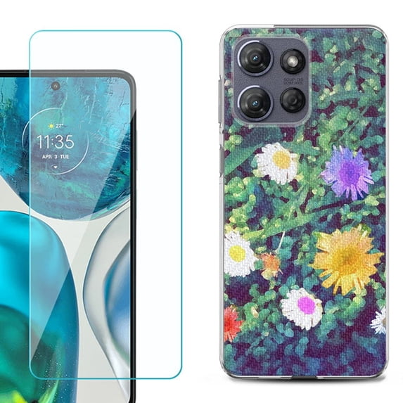 For Motorola Moto G Power 5G 2025 Phone Case Cover with Tempered Glass Screen Protector, by OneToughShield - Daisy Paint