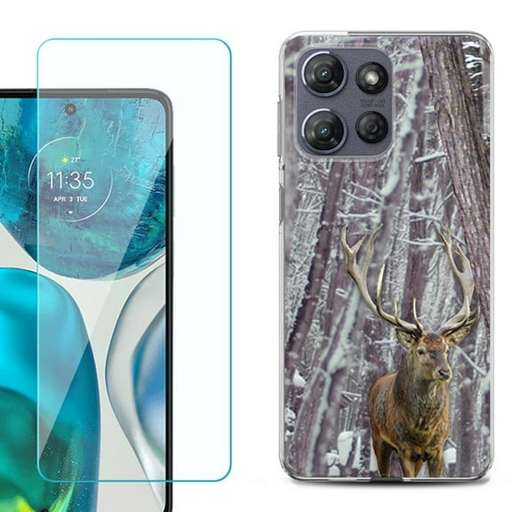For Motorola Moto G Power 5G 2025 Phone Case Cover with Tempered Glass Screen Protector, by OneToughShield - Deer/Snow/Camo