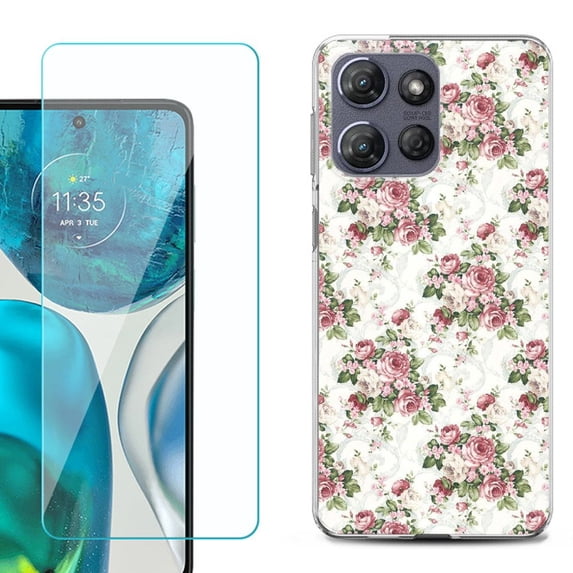 For Motorola Moto G Power 5G 2025 Phone Case Cover with Tempered Glass Screen Protector, by OneToughShield - Floral/Rose