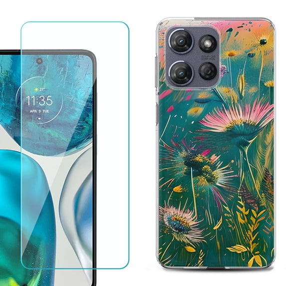 For Motorola Moto G Power 5G 2025 Phone Case Cover with Tempered Glass Screen Protector, by OneToughShield - Flower Wind