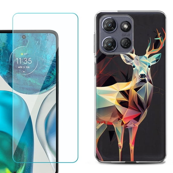 For Motorola Moto G Power 5G 2025 Phone Case Cover with Tempered Glass Screen Protector, by OneToughShield - Geometric Deer
