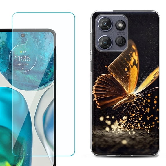 For Motorola Moto G Power 5G 2025 Phone Case Cover with Tempered Glass Screen Protector, by OneToughShield - Golden Butterfly