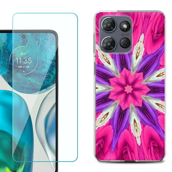 For Motorola Moto G Power 5G 2025 Phone Case Cover with Tempered Glass Screen Protector, by OneToughShield - Kaleidoscope Rose