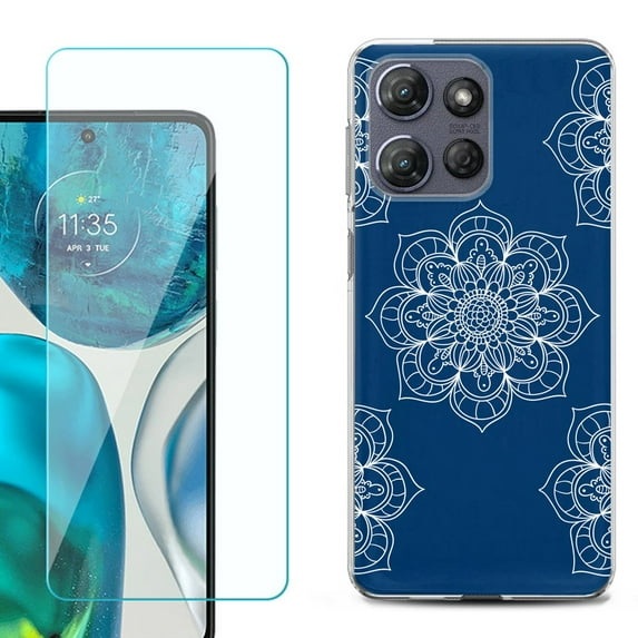 For Motorola Moto G Power 5G 2025 Phone Case Cover with Tempered Glass Screen Protector, by OneToughShield - Mandala / Blue