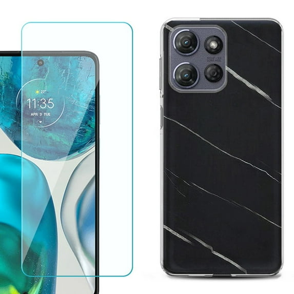 For Motorola Moto G Power 5G 2025 Phone Case Cover with Tempered Glass Screen Protector, by OneToughShield - Marble / Black