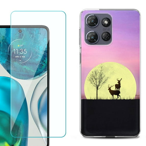 For Motorola Moto G Power 5G 2025 Phone Case Cover with Tempered Glass Screen Protector, by OneToughShield - Moonlight Deer
