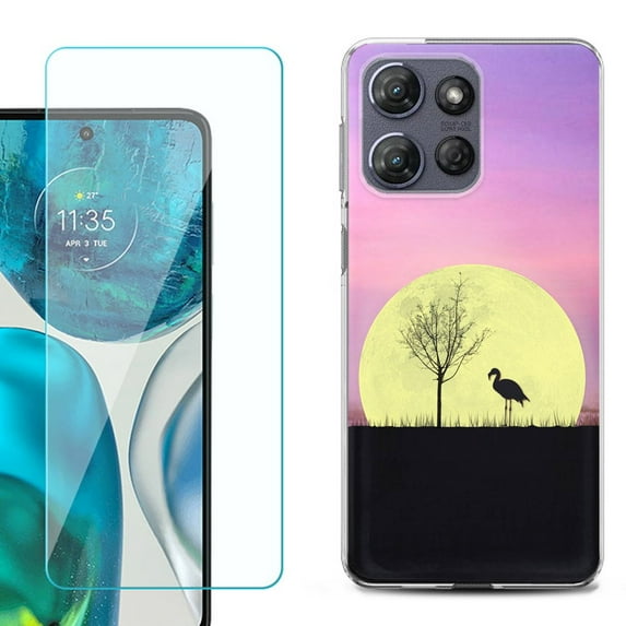 For Motorola Moto G Power 5G 2025 Phone Case Cover with Tempered Glass Screen Protector, by OneToughShield - Moonlight Flamingo