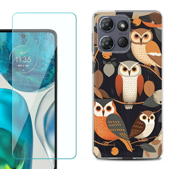 For Motorola Moto G Power 5G 2025 Phone Case Cover with Tempered Glass Screen Protector, by OneToughShield - Owl Mix