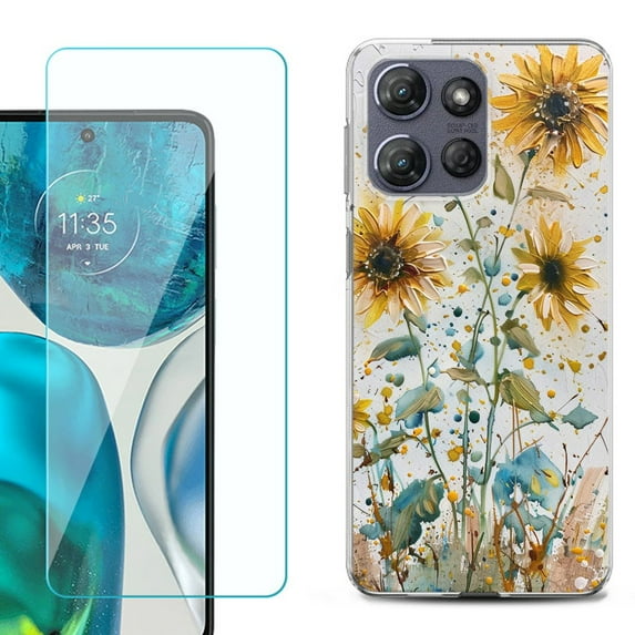 For Motorola Moto G Power 5G 2025 Phone Case Cover with Tempered Glass Screen Protector, by OneToughShield - Pastel Sunflowers